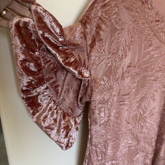 Umgee Mini Dress Tunic Med Velvet Short Flutter Sleeve Dusty Pink Leaves Boho - Picture 5 of 7